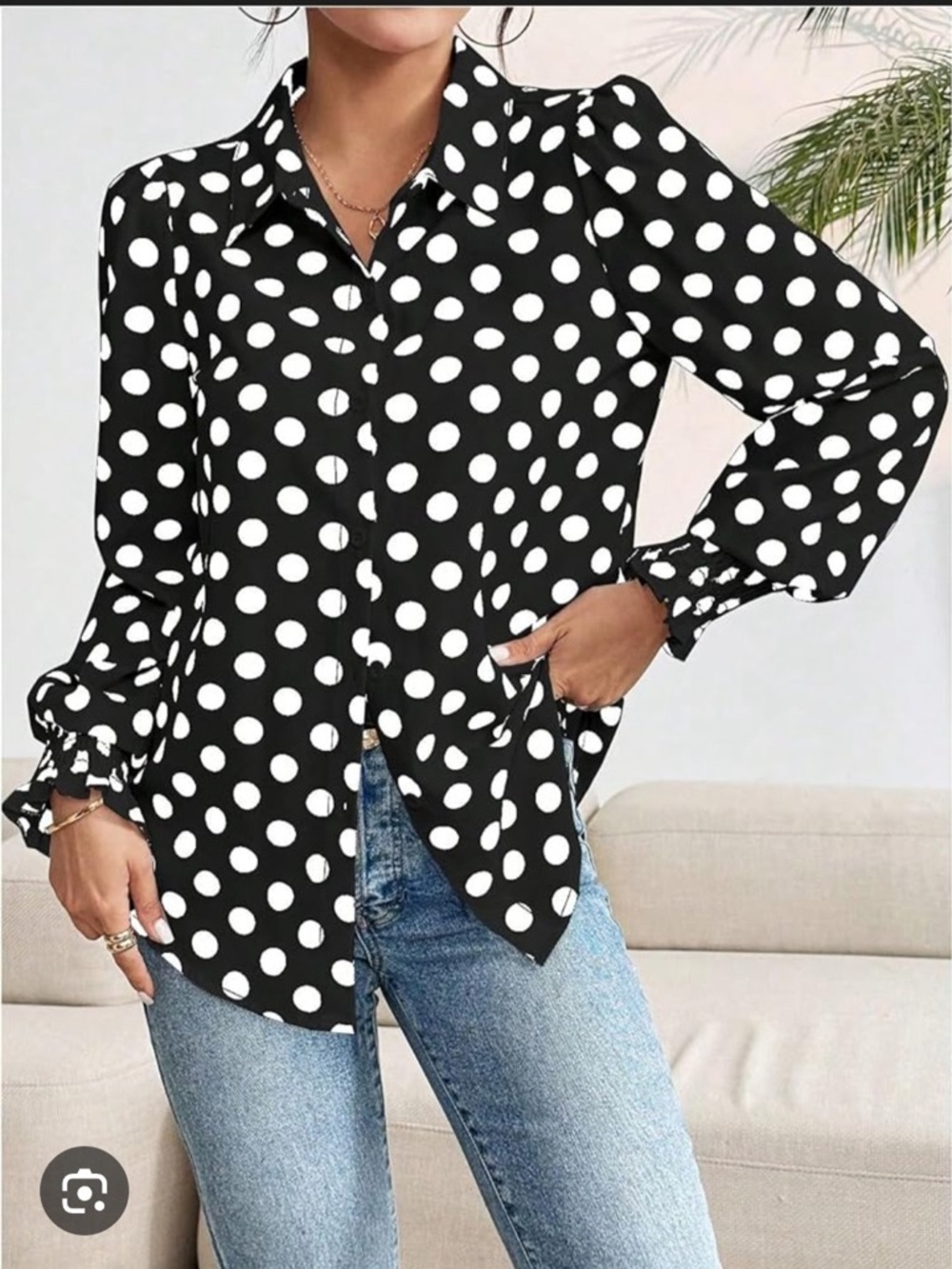 Michael Kors Black and White Polka Dot Button Down Shirt